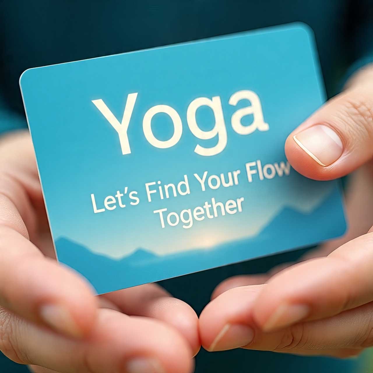 Person offering a yoga business card with the text Let's Find Your Flow Together
