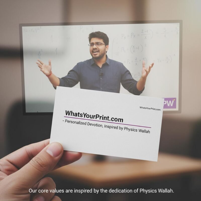 Business card for WhatsYourPrint showing inspiration from Physics Wallah and Alakh Pandey.