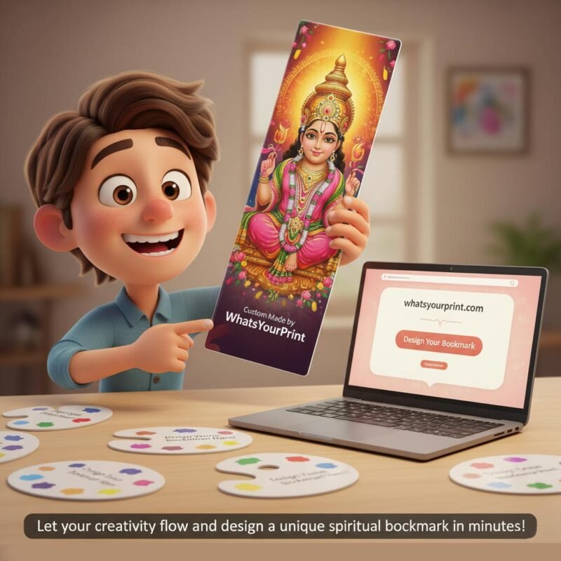 Fun illustration showing how easy it is to customize a God bookmark online at WhatsYourPrint.