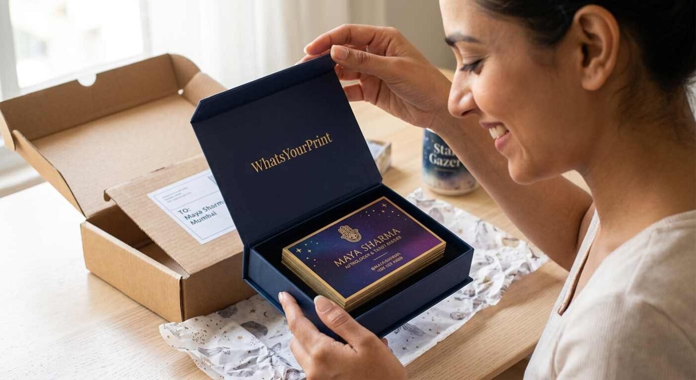 A woman in Mumbai joyfully unboxing premium gold-foiled astrologer business cards from WhatsYourPrint packaging.