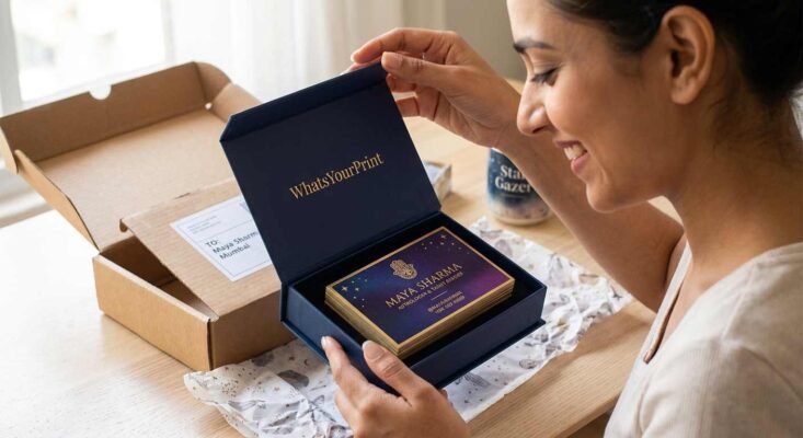 A woman in Mumbai joyfully unboxing premium gold-foiled astrologer business cards from WhatsYourPrint packaging.