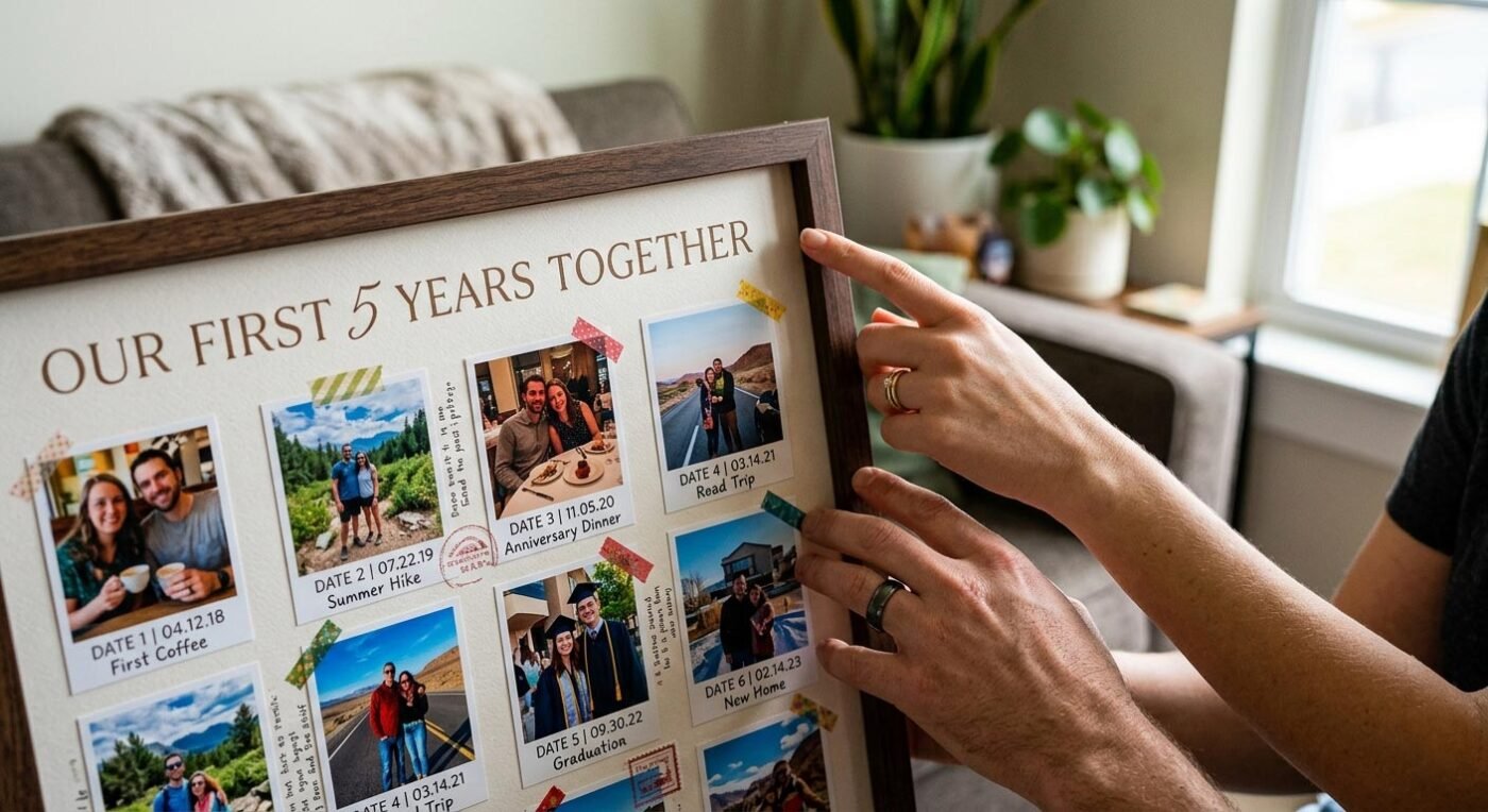 A close-up of a personalized collage frame with the title "Our First 5 Years Together" and a couple's hands.
