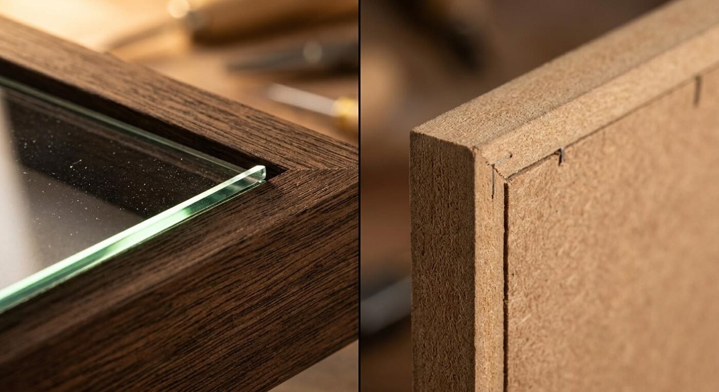 Close-up detail of synthetic wooden frame molding and protective plexiglass, showing quality materials.