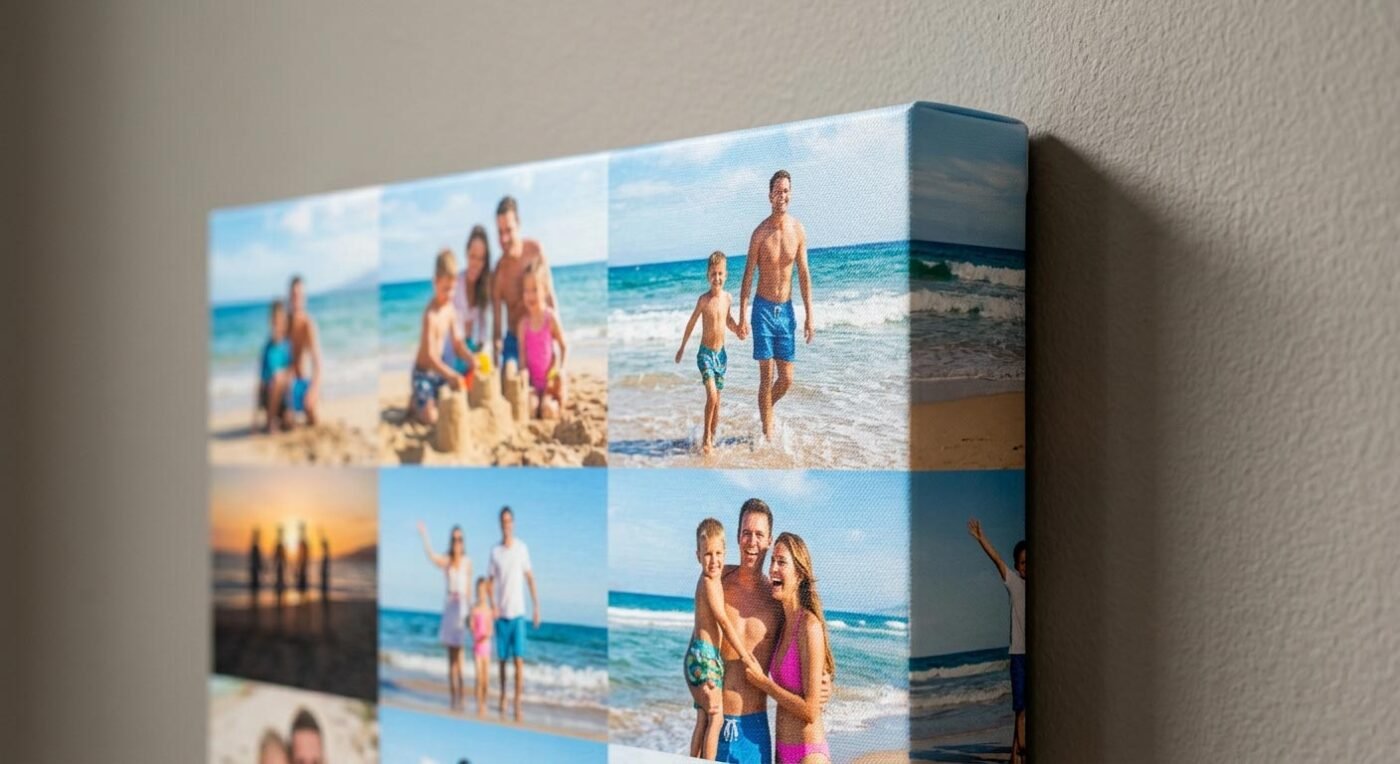 A 3/4 angle view of a gallery-wrapped canvas print, showing the photo collage continuous over the edge.