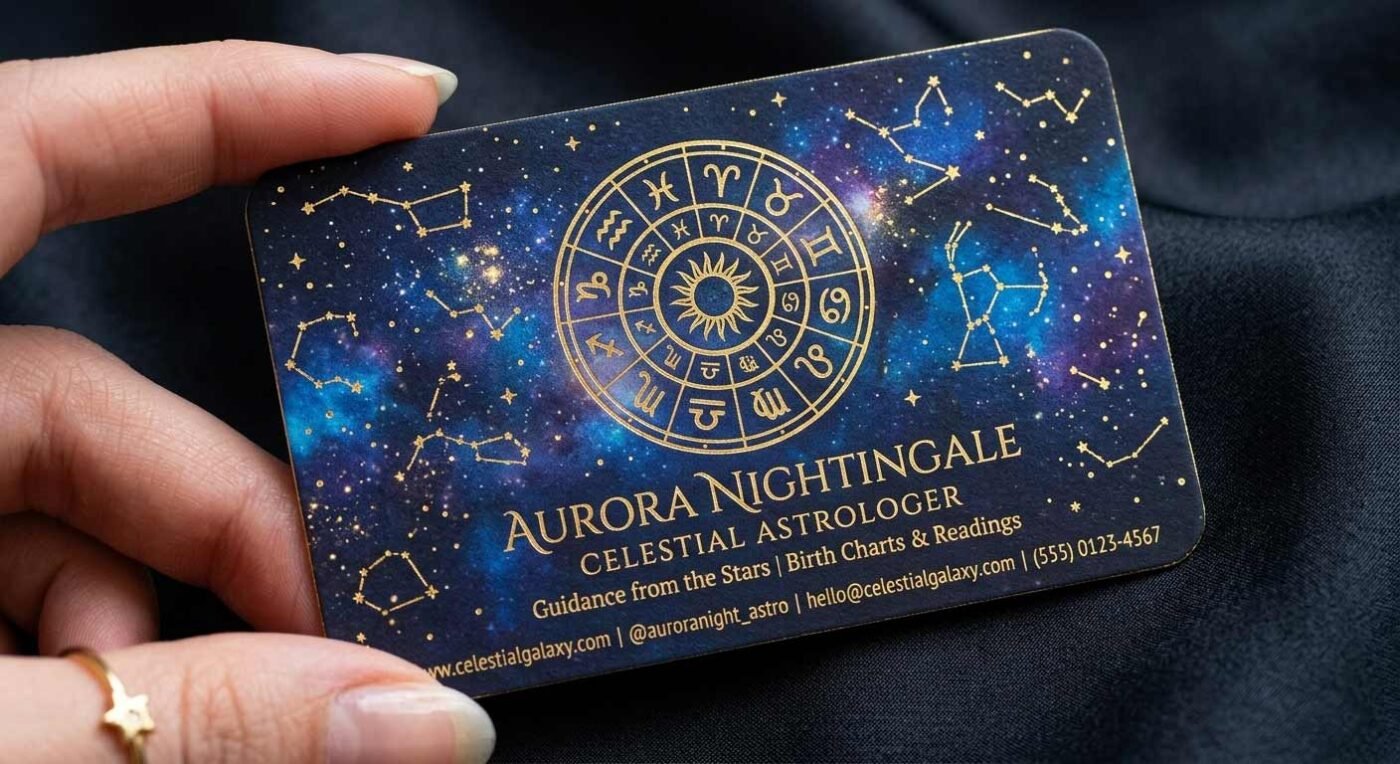 Premium astrologer business card with a blue galaxy and gold constellation design.