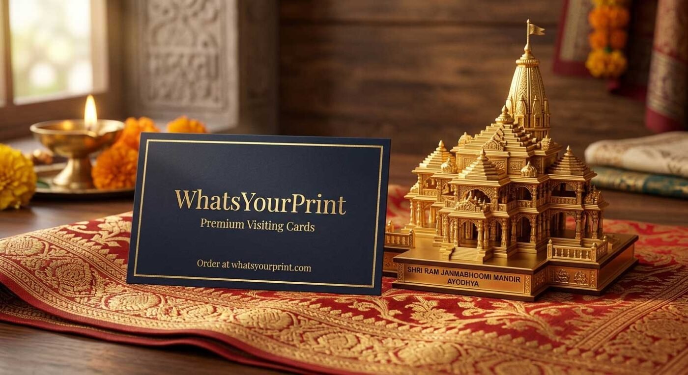 Illustration of Lord Rama's birth in Ayodhya with a WhatsYourPrint visiting card.