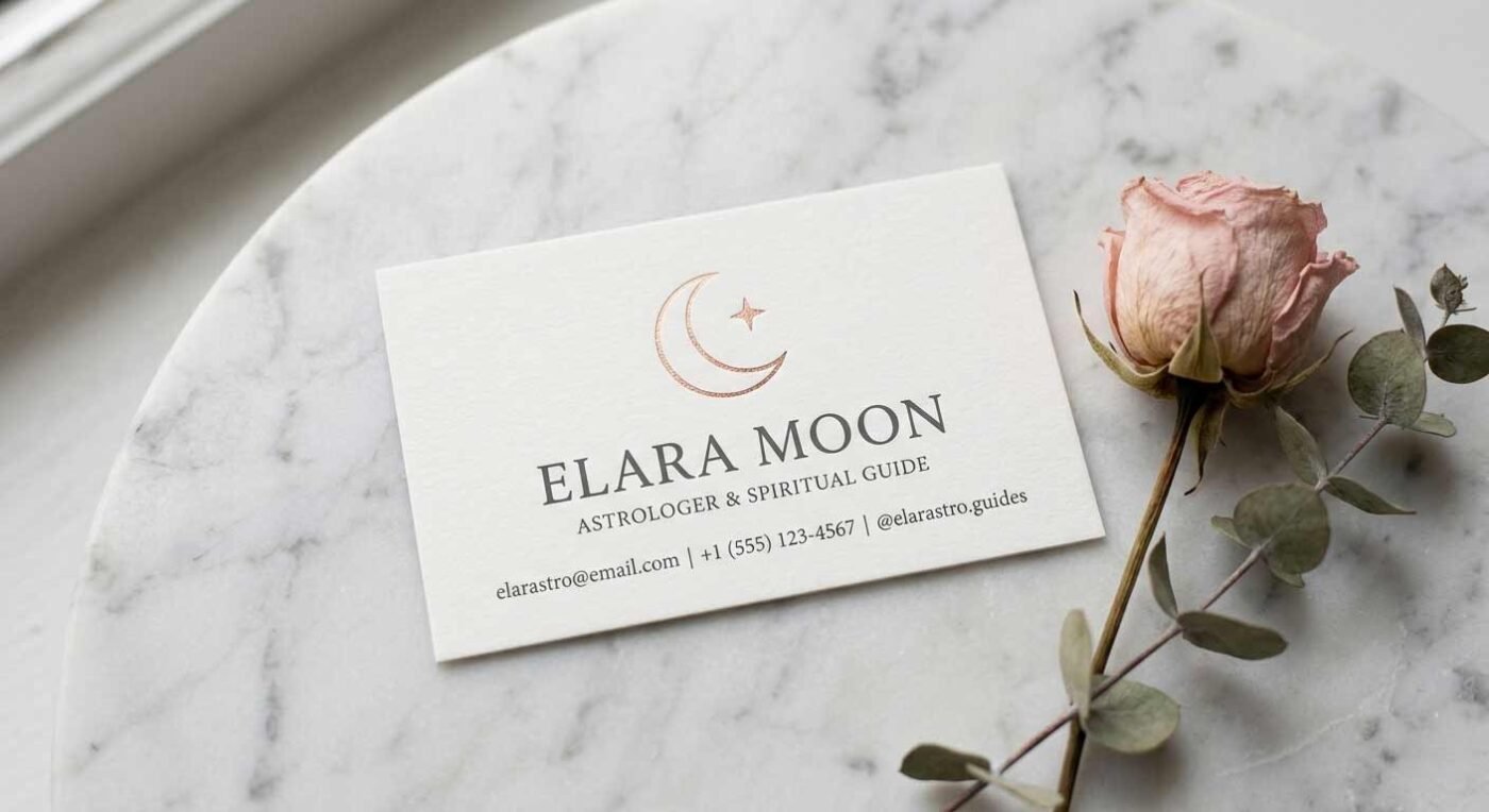 Minimalist white and rose gold jyotish visiting card design.