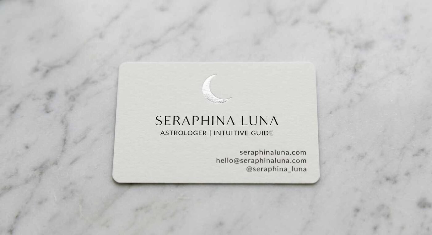 Minimalist astrologer business card featuring a silver moon logo.