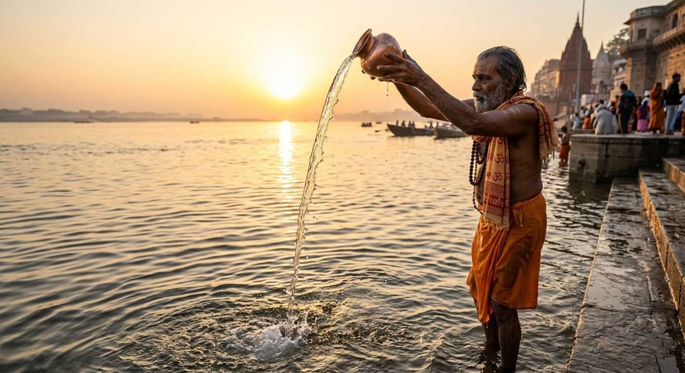 Ritual of offering water to Sun God on Ram Navami with WhatsYourPrint card.