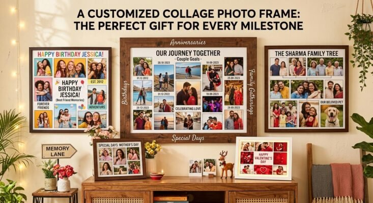 A 13x19 customized collage photo frame with multiple family photos hanging in a modern living room