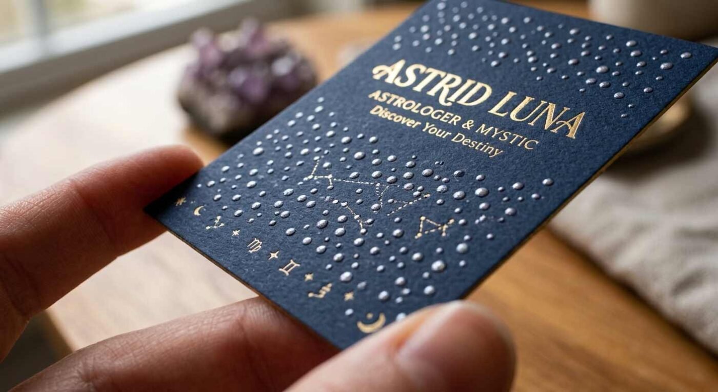 Close-up of Pearl Dot texture on a professional astrologer business card.