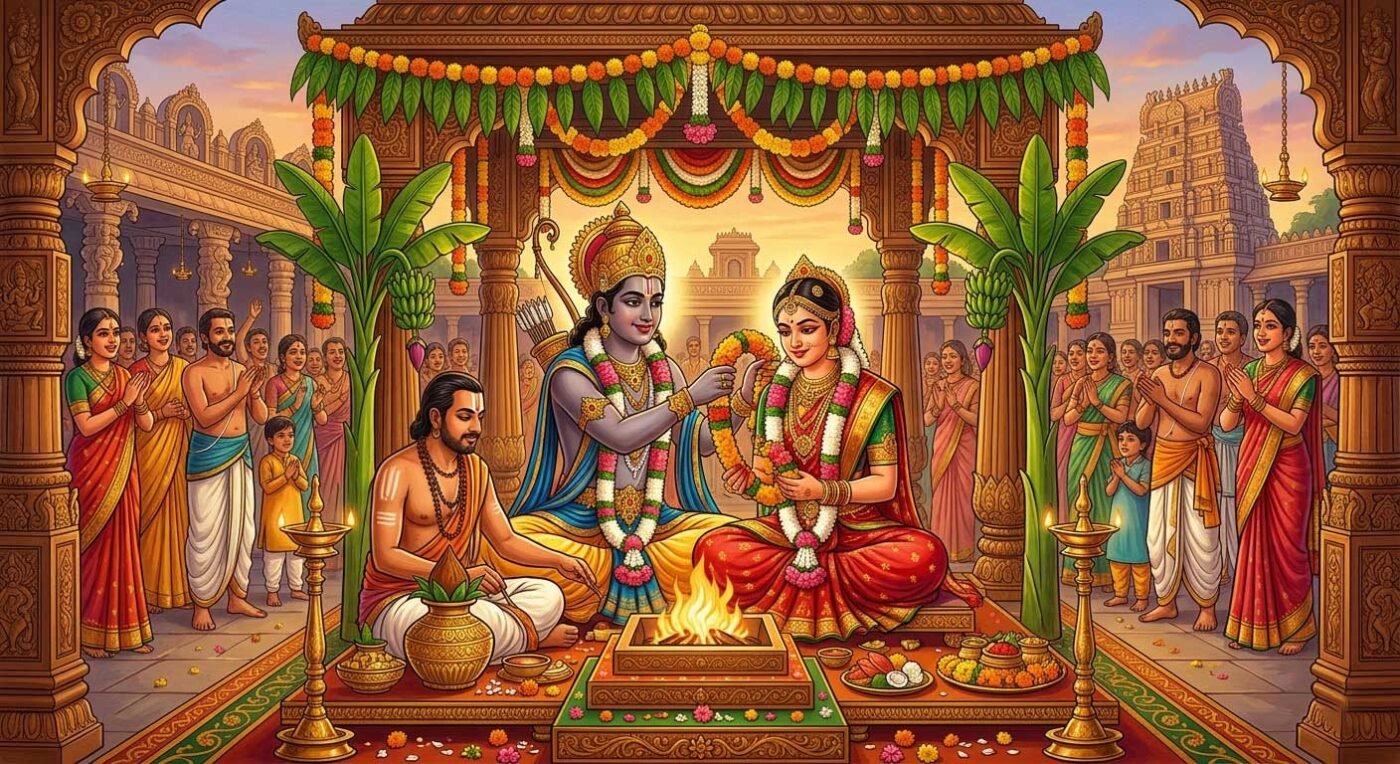 Ceremonial wedding of Rama and Sita with festive WhatsYourPrint cards.