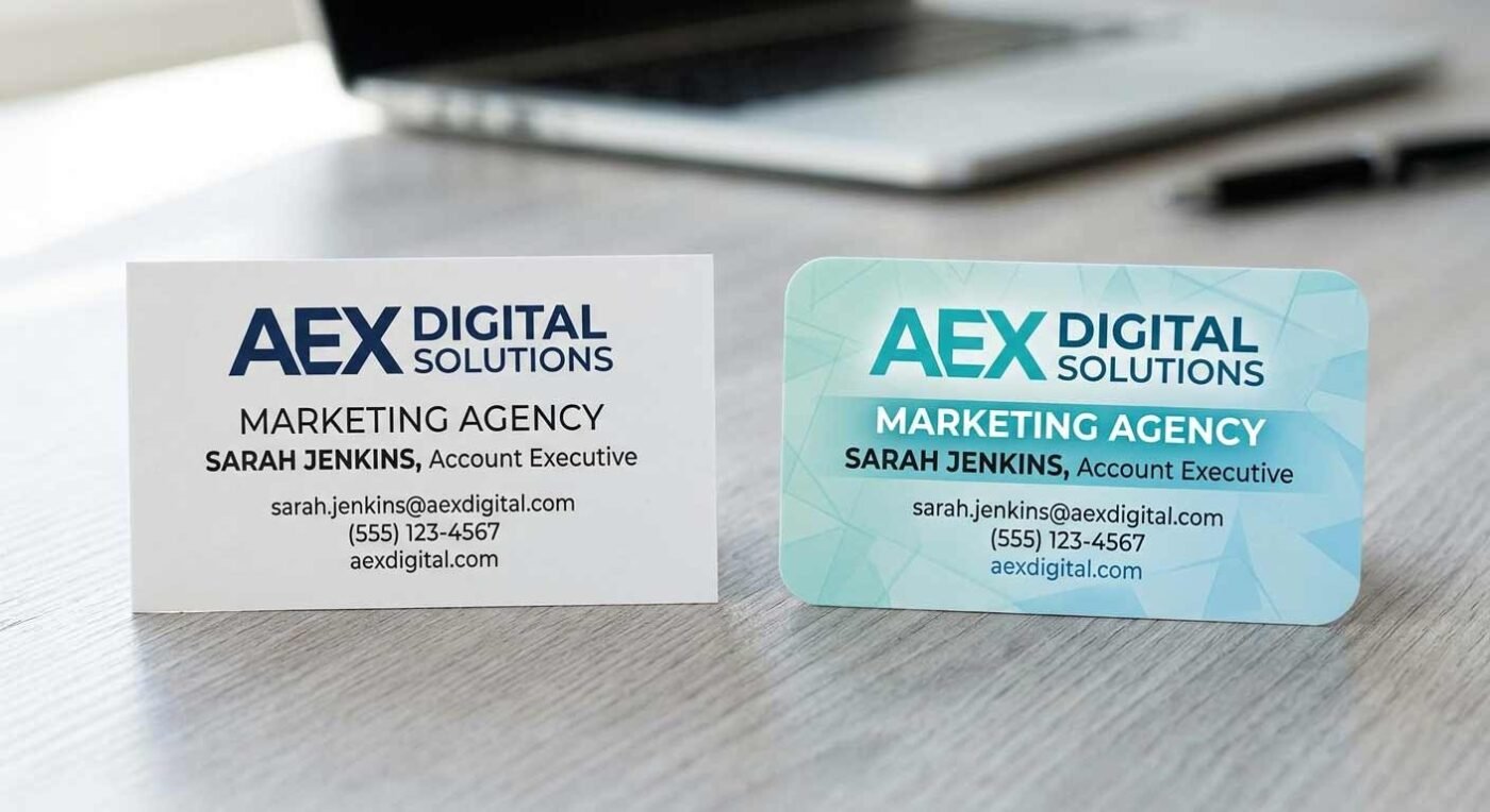 Comparison of standard and rounded corner astrologer business card options.