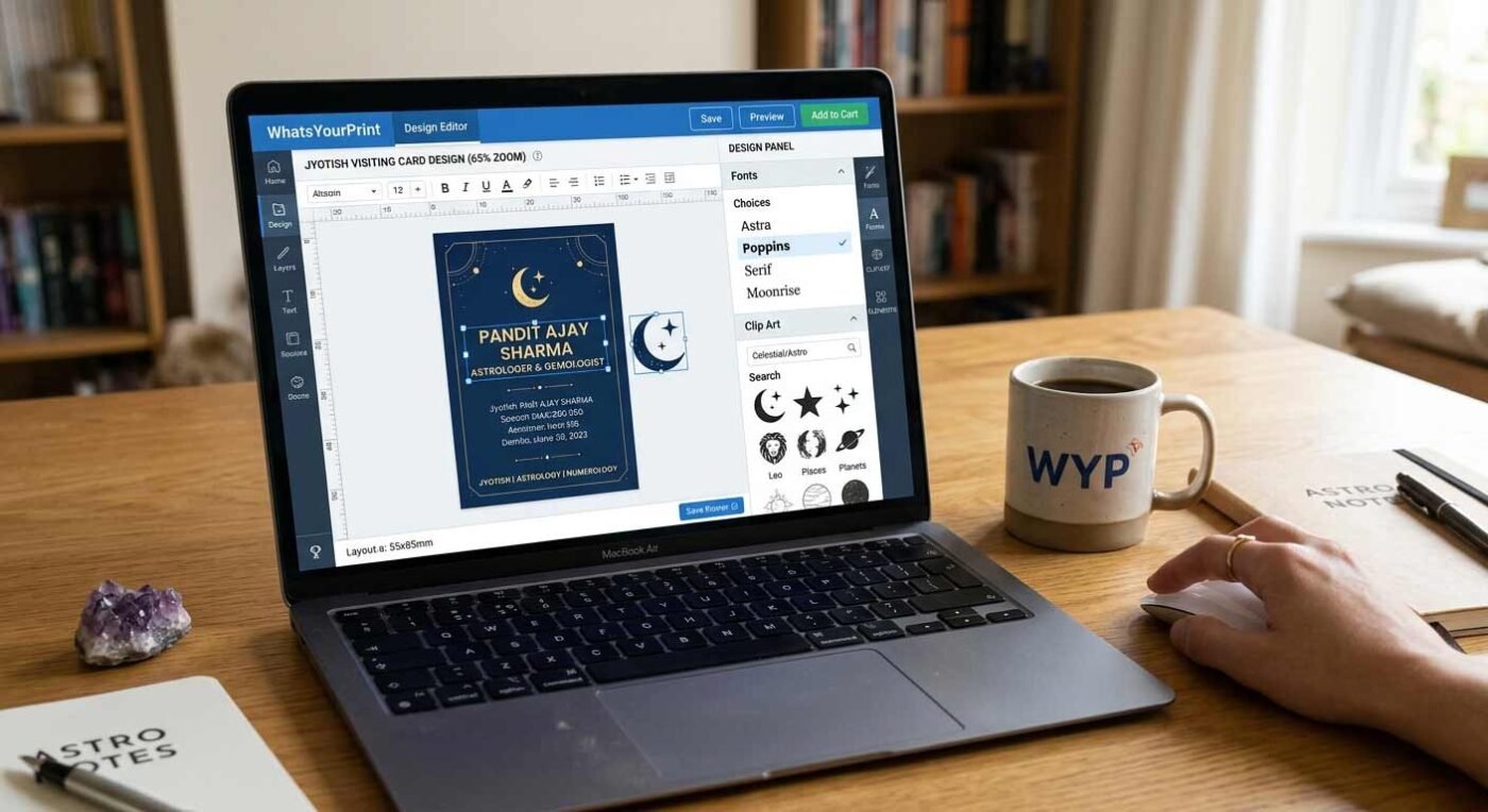 Preview of the online editor for designing an astrologer business card.
