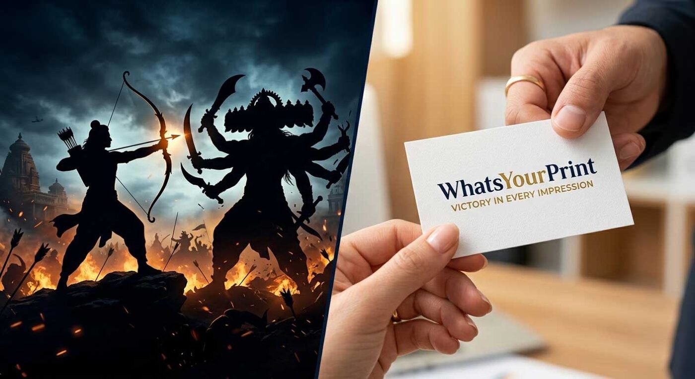 Dramatic visual of Dharma beating Adharma alongside a professional business card.