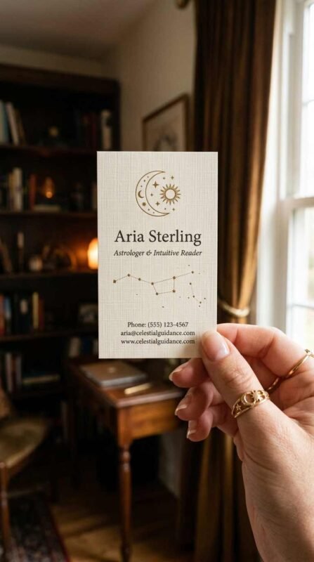 Hand holding a Fine Linen textured astrologer business card.