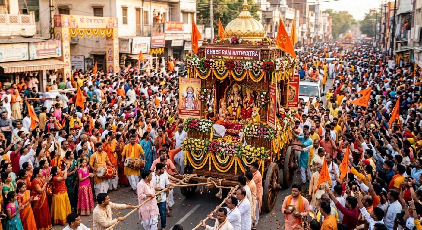Business card held during a Ram Navami Rathyatra procession.