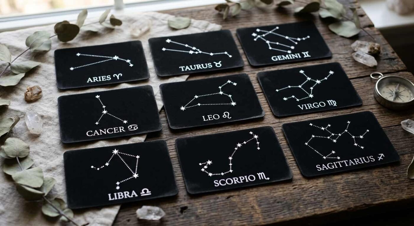 A set of astrologer business cards featuring various zodiac constellation patterns.