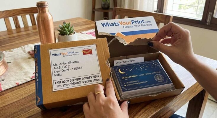 Freshly printed astrology business cards delivered in a package.