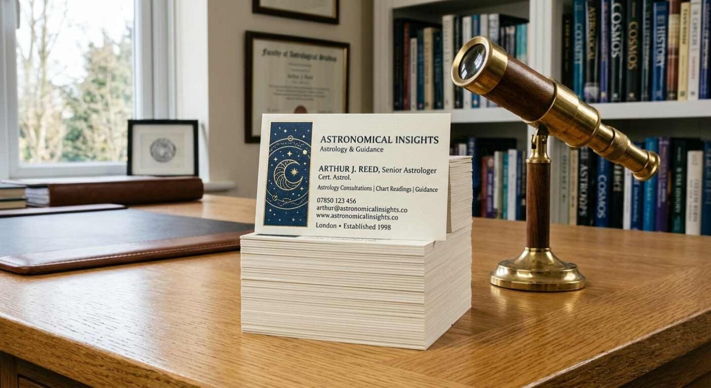 A large stack of premium astrologer business cards ready for distribution.