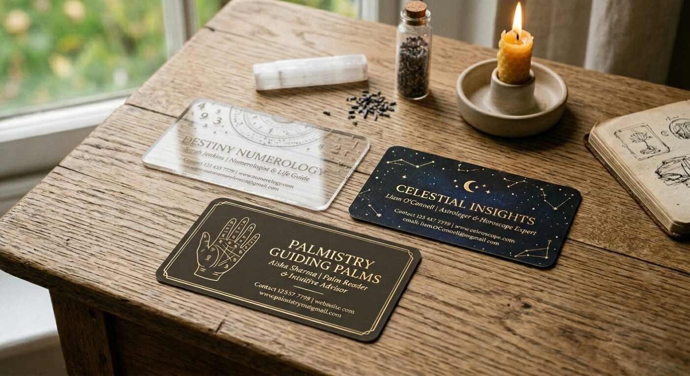 Business cards for numerology, palmistry, and psychic reading.