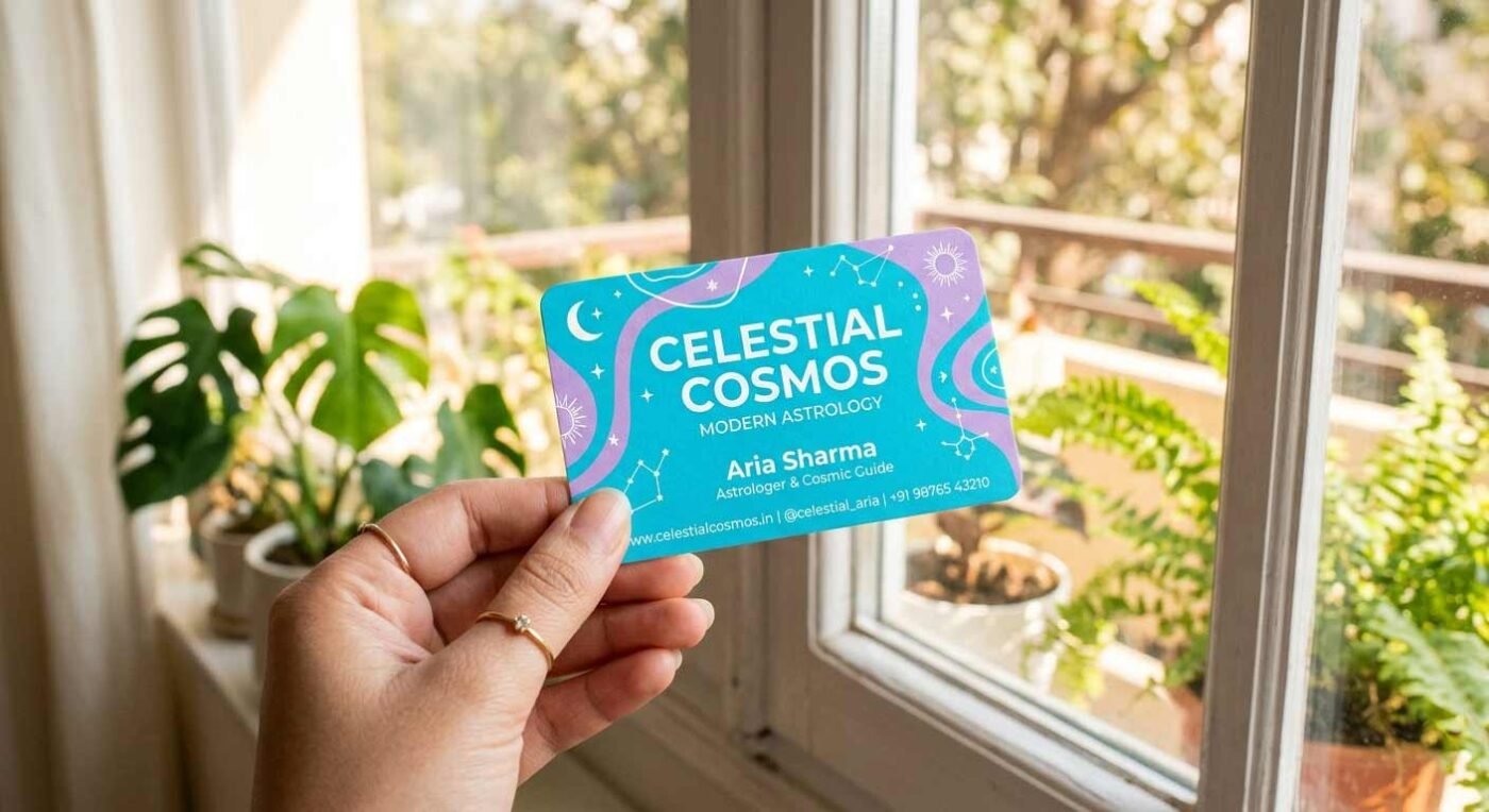 Close-up of a modern, colorful astrologer business card held in hand.