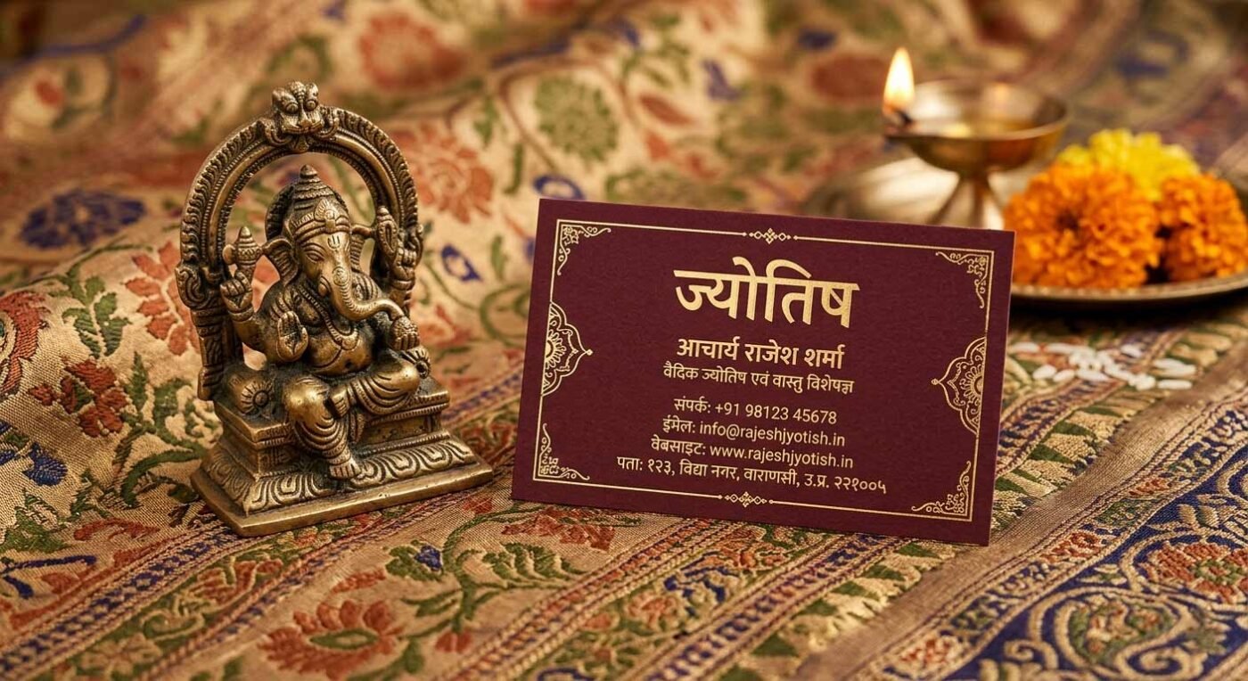 A traditional Indian jyotish visiting card with Ganesha and authentic motifs.