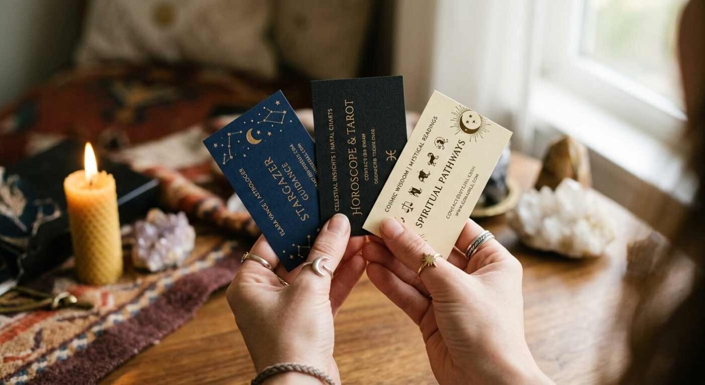 An astrologer fanning out and presenting business cards to a client.