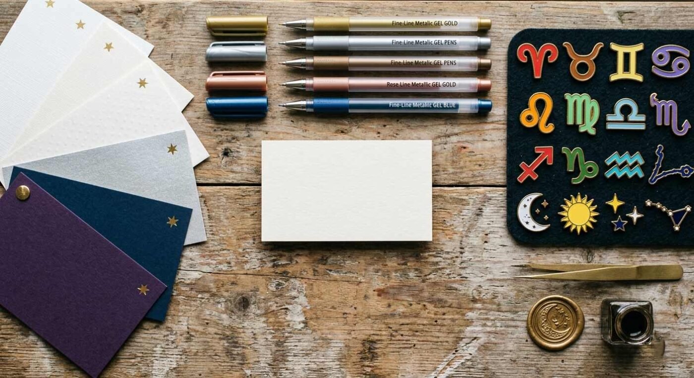 Flat lay of creative design elements for customizing an astrology business card.