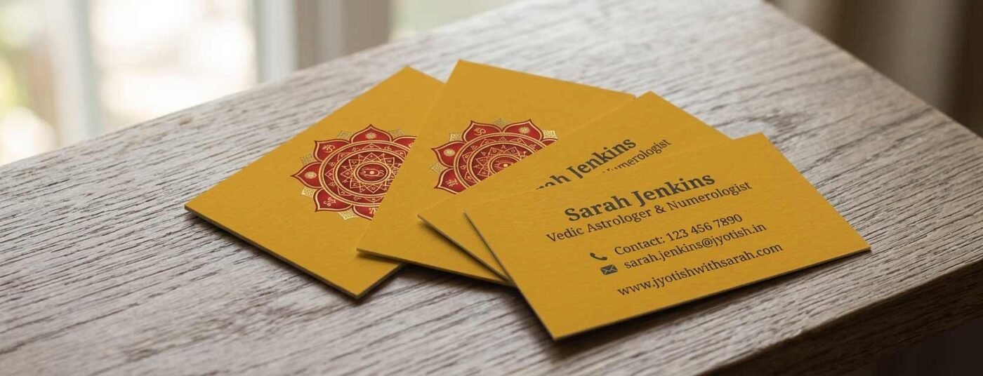 Top view of two mustard-yellow Vedic Chakra business cards, front and back.