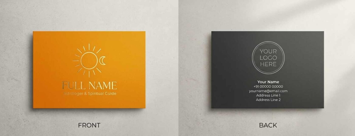 Saffron and gold minimalist business card featuring sun and moon symbols.