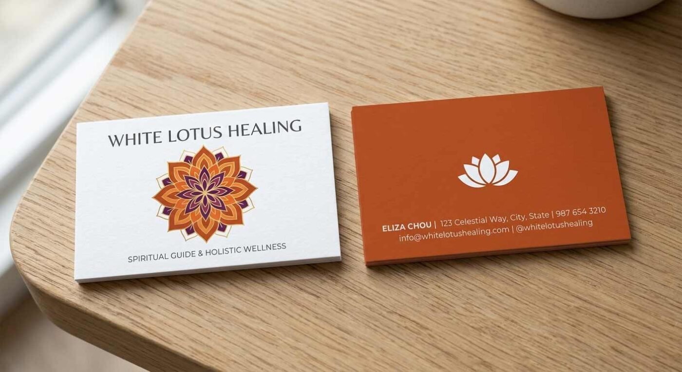 White business card with an orange and purple lotus mandala.