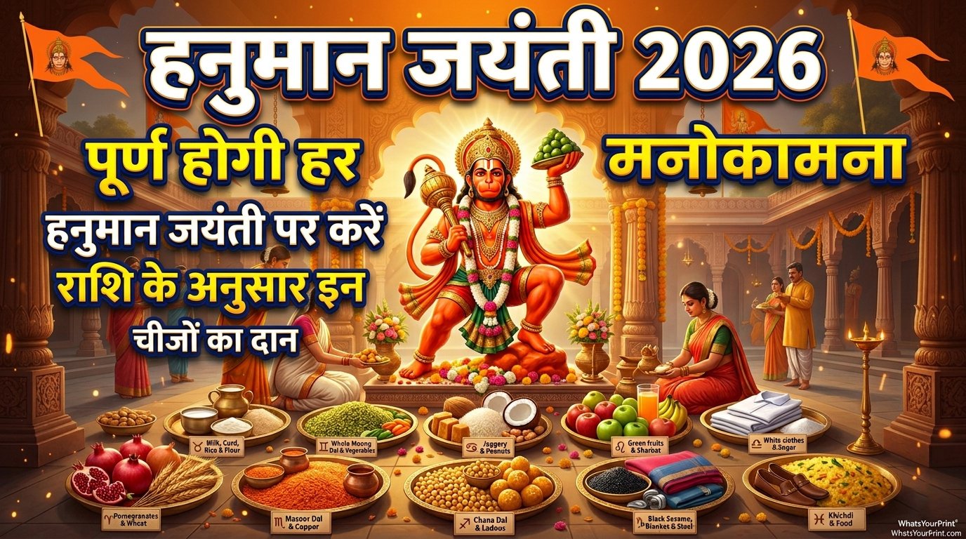 Infographic showing Hanuman Jayanti 2026 Daan Samagri for all 12 zodiac signs _