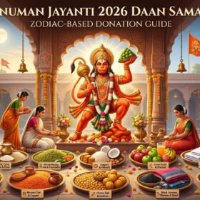 Infographic showing Hanuman Jayanti 2026 Daan Samagri for all 12 zodiac signs