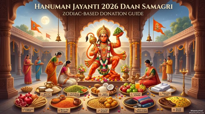 Infographic showing Hanuman Jayanti 2026 Daan Samagri for all 12 zodiac signs