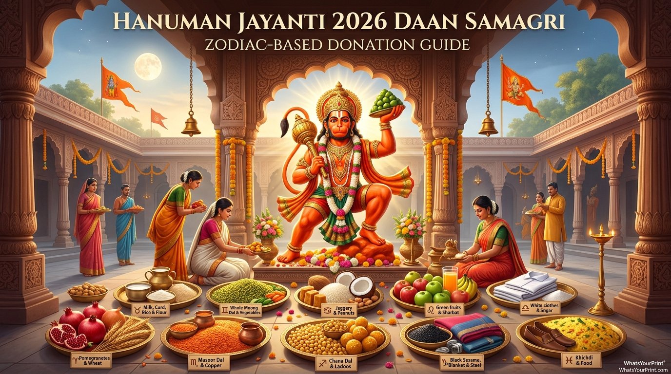 Infographic showing Hanuman Jayanti 2026 Daan Samagri for all 12 zodiac signs