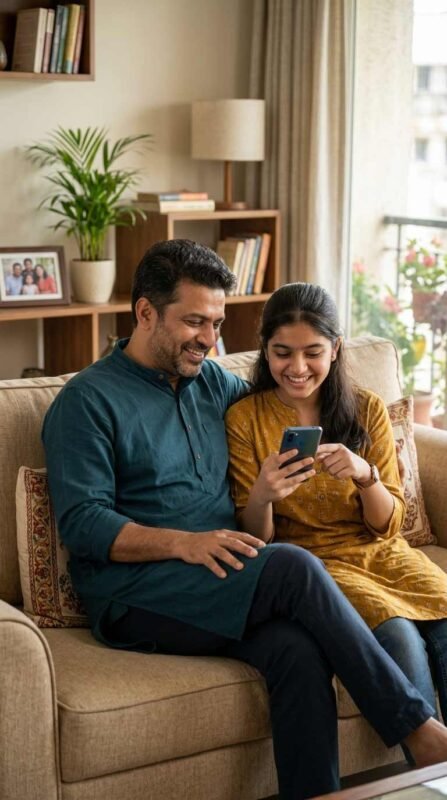 Indian parent and teenager using the Google Pay Pocket Money feature safely at home. 01