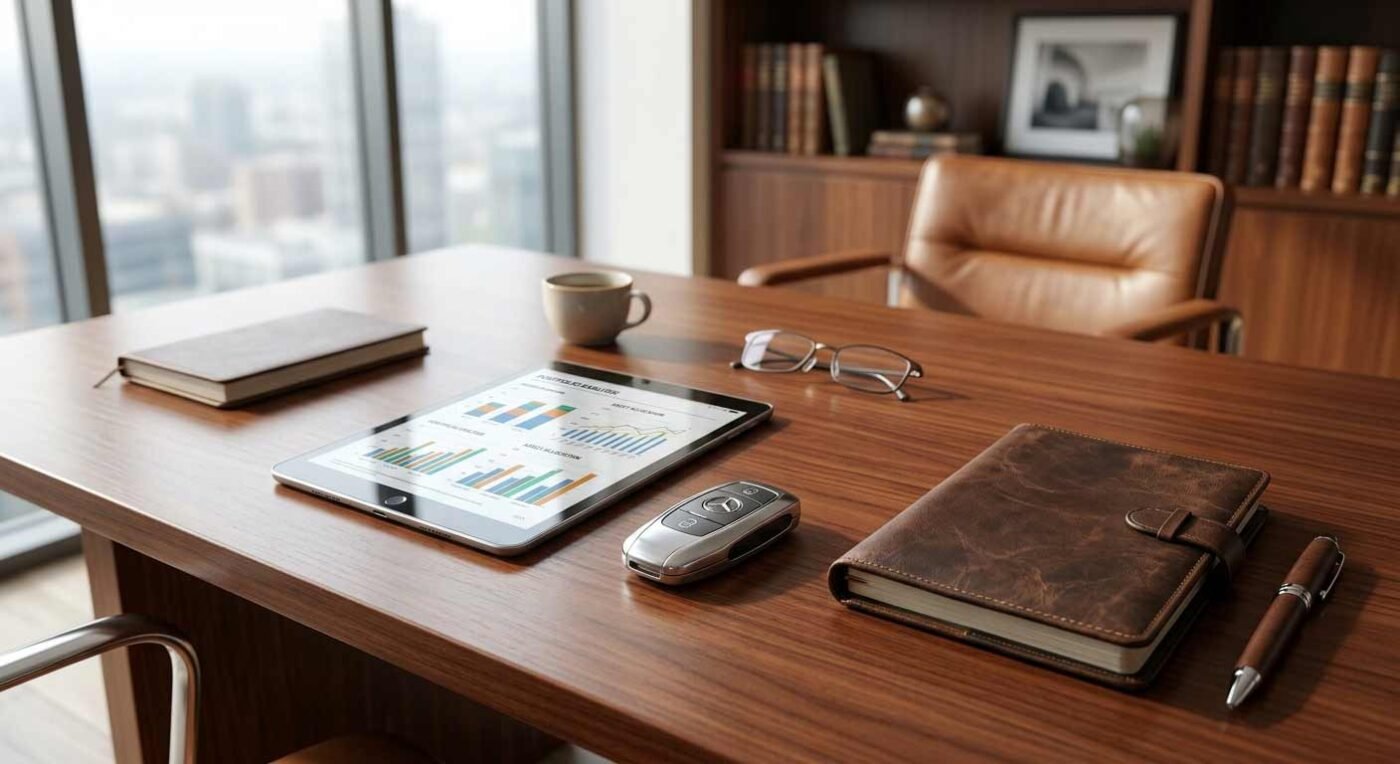 A professional workspace with luxury car keys and a tablet showing financial growth charts.