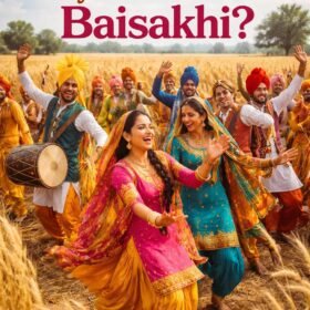 Vibrant Baisakhi festival celebrations in a golden wheat field.