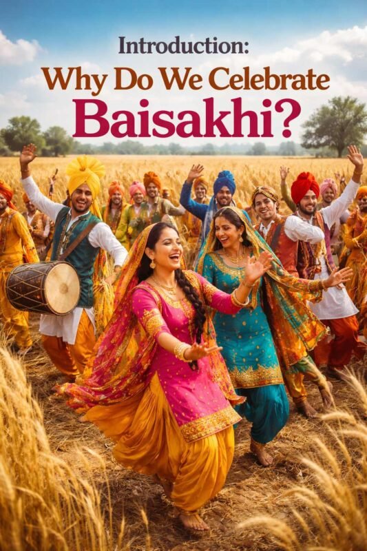 Vibrant Baisakhi festival celebrations in a golden wheat field.