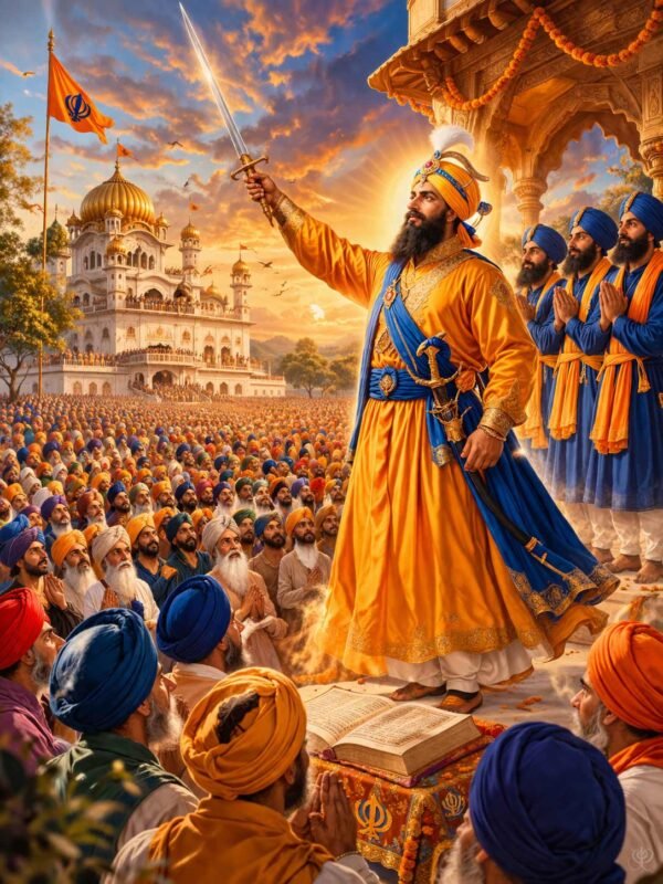 Guru Gobind Singh Ji establishing the Khalsa Panth in 1699.