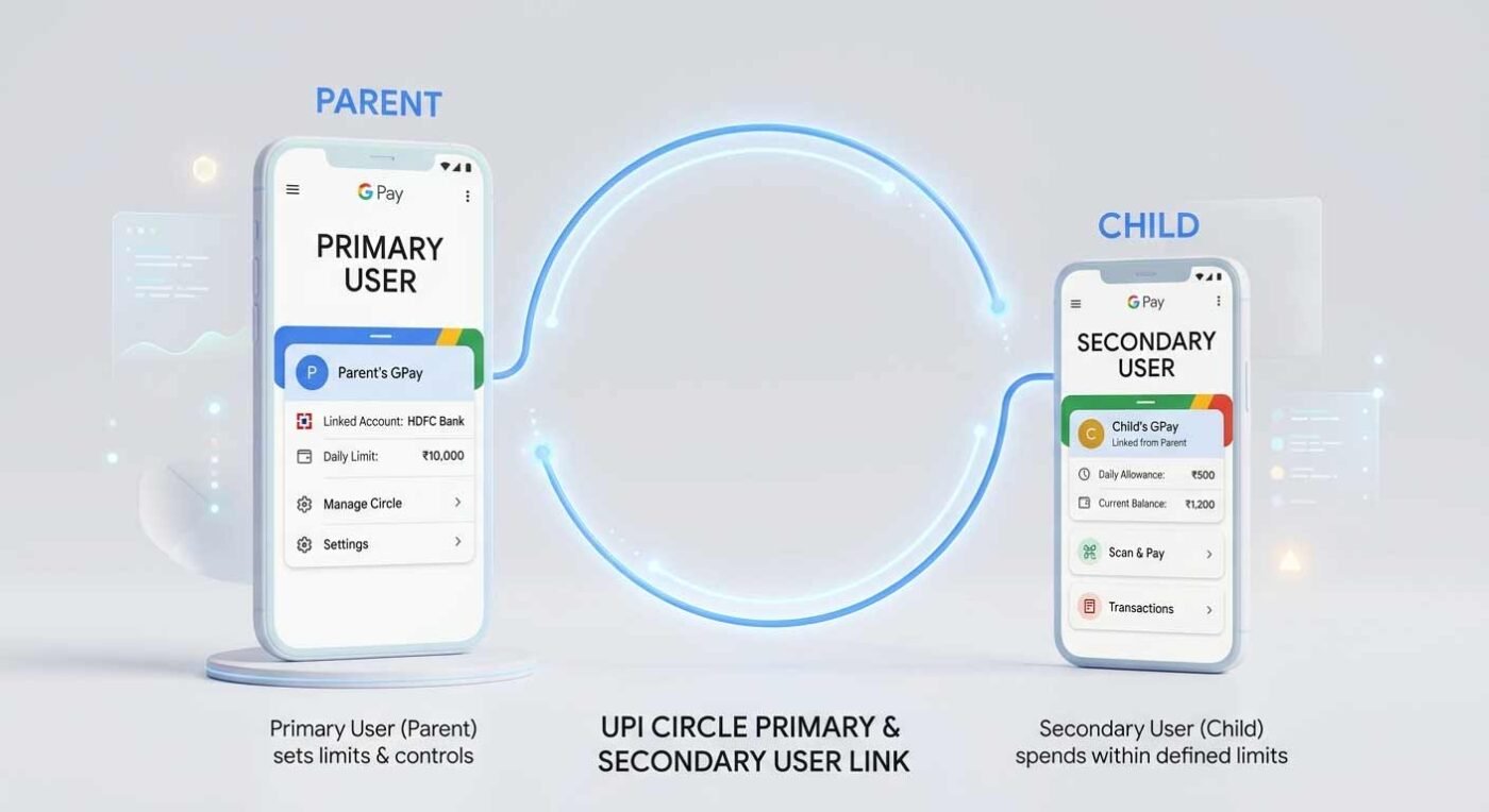 Infographic showing the connection between a Primary and Secondary user in GPay UPI Circle.