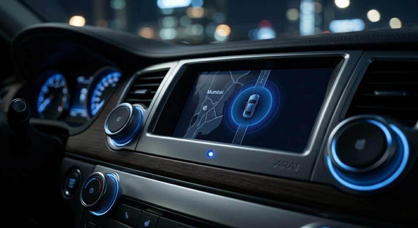 A close-up of a high-tech ARAI-approved anti-theft security system in a modern car.