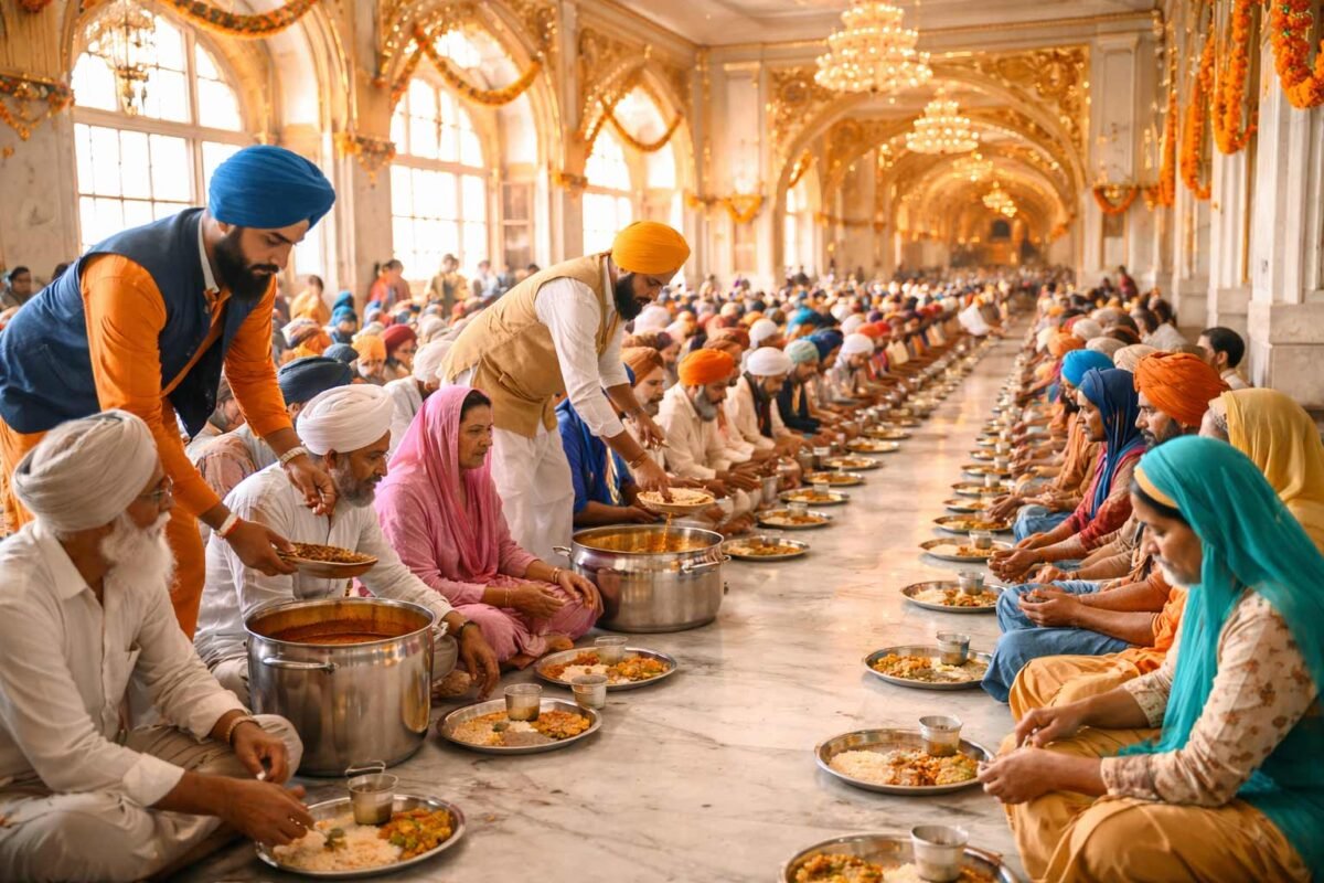 People sitting together for Langar at a Gurudwara during Baisakhi.