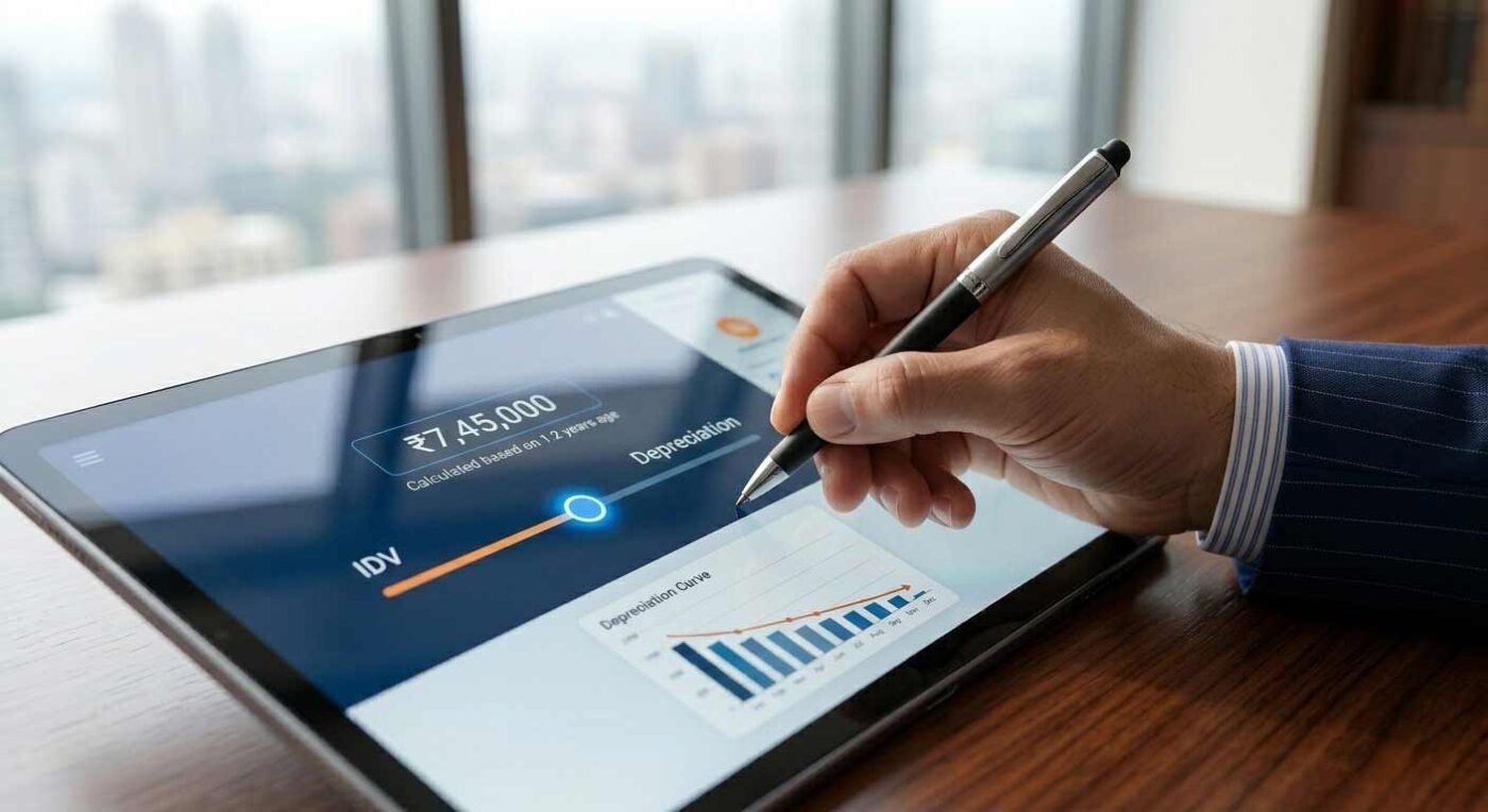 A digital interface showing the calculation of Insured Declared Value (IDV) minus depreciation.