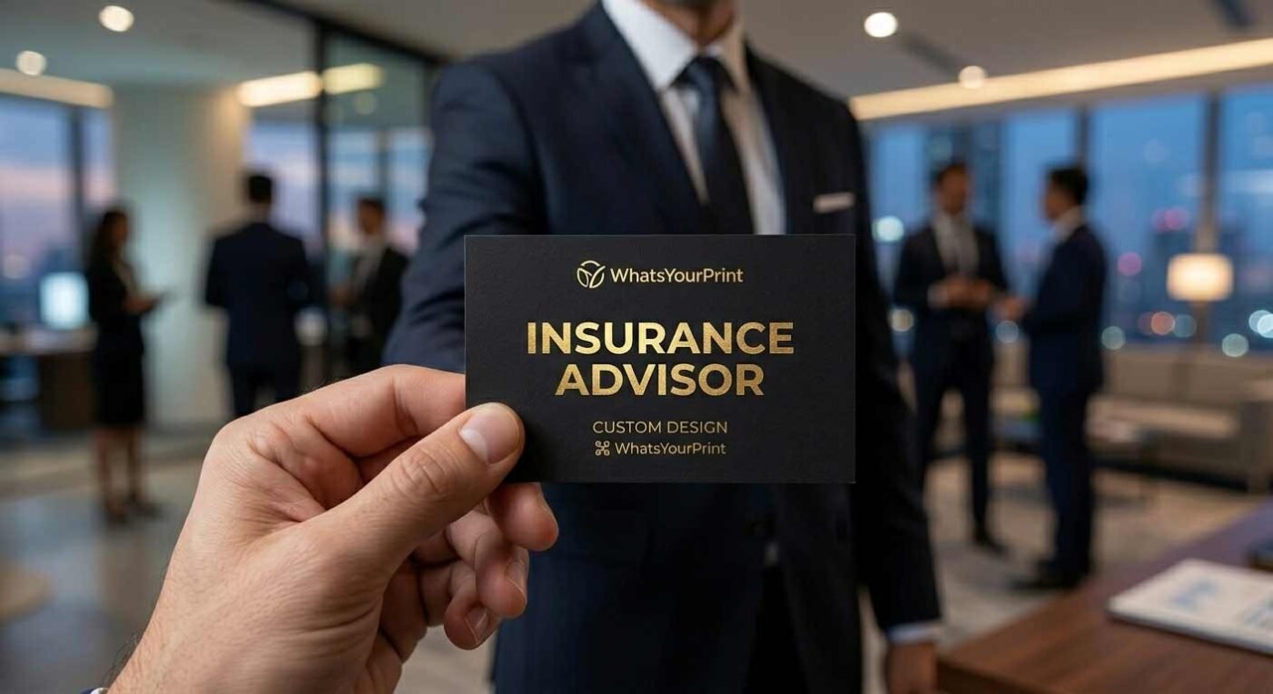 A hand holding a premium custom business card from WhatsYourPrint for professional branding.