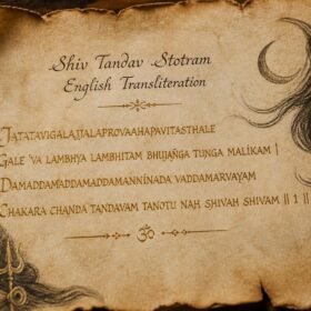Close-up of handwritten English transliteration of the Shiv Tandav Stotram on parchment.