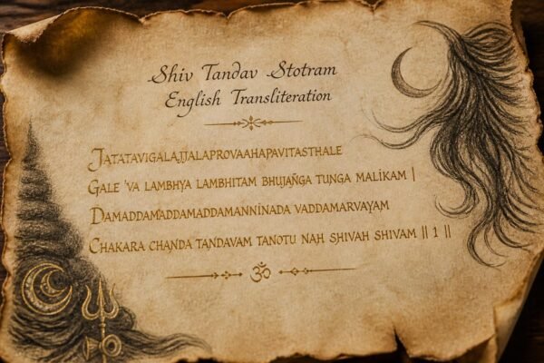Close-up of handwritten English transliteration of the Shiv Tandav Stotram on parchment.