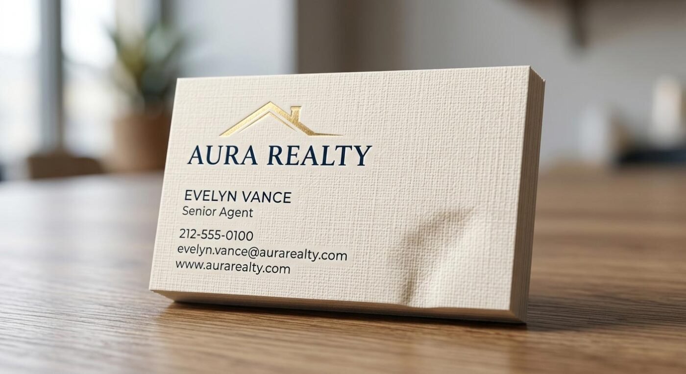 An extreme close-up showing the rich texture, gold foil, and heavy weight of a 400gsm real estate business card.