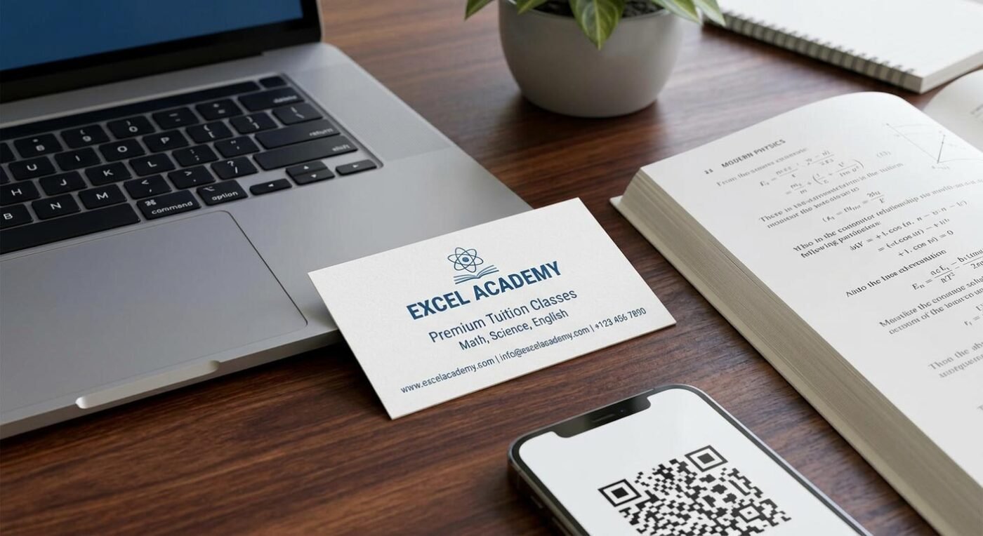 A close-up of a premium matte tuition classes business card on a desk, representing professional coaching institute branding.
